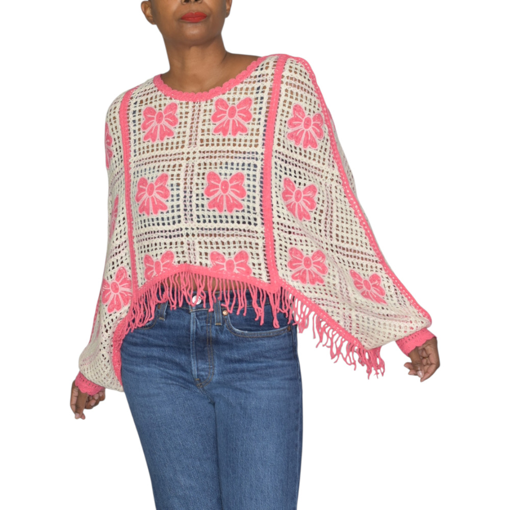 House of Harlow Crochet Fringe Poncho Top Pink Bow Granny Square Crop One Size